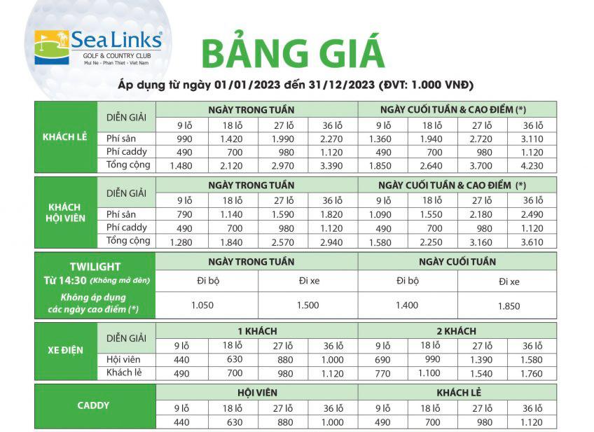Bảng giá sân golf Sea Links Golf & Country Club